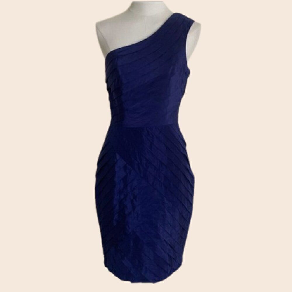 Lela Rose Navy Silk Cotton Blend Layered One Shoulder Mini Cocktail Dress Size S